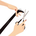 Elegant Woman Hands Cutting Hair, Hand Holding Scissors and Hand Holding Hair, Beauty Salon, Hairdresser, Hair Salon, Hairdressing