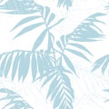 Nature seamless pattern. Hand drawn tropical summer background: baby blue palm tree leaves, line art.