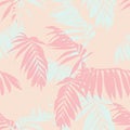 Nature seamless pattern. Hand drawn tropical summer background:pink, mint palm tree leaves silhouette, line art.