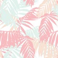 Nature seamless pattern. Hand drawn tropical summer background:pink, mint and peach palm tree leaves silhouette, line art. Royalty Free Stock Photo