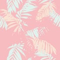 Nature seamless pattern. Hand drawn tropical summer background: mint and peach palm tree leaves silhouette, line art. Royalty Free Stock Photo