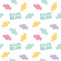 Colorful Candy Silhouette with Sugar Rush Text and Polka Dot Seamless Pattern Isolated on White Vector Illustration