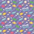 Sugar Rush Text Candy Lolly Pop Diagonal Stripes Cute Colorful Seamless Pattern Flat Vector Illustration