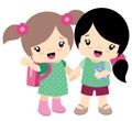 Cute Little Girl Friends Holding Hands Waving Flat Vector Illustration Isolated on White