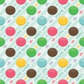 Button Shaped Candy and Wrapped Candy Silhouette with Candy Text, Polka Dot and Stripes Seamless Pattern