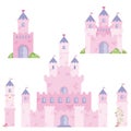 Beautiful Pink Fairy Tale Fantasy Castle Tower Design Set Flat Vector Illustration Isolated on White Royalty Free Stock Photo