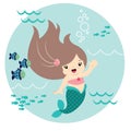 Cute Little Kawaii Style Mermaid Waving Underwater with Fish Circle Design Isolated on White Vector Illustration