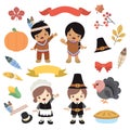 Native American Indian and Pilgrim costume Boy and Girl Thanksgiving Design Elements Royalty Free Stock Photo