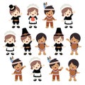 Native American Indian and Pilgrim Boy and Girl Posing Set Vector Illustration Isolated on White