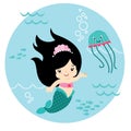 Cute Little Kawaii Style Black Hair Mermaid Underwater with Jelly Fish Circle Design Isolated on White Vector Illustration