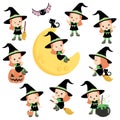 Cute Halloween Witch with Orange Hair Posing Design Elements Set Flat Vector Illustration Isolated on White Royalty Free Stock Photo