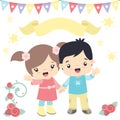 Cute Little Boy and Girl Holding Hands Birthday Festive Theme Design Elements Vector Illustration Isolated on White Royalty Free Stock Photo