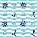 Nautical Blue Green Seamless Pattern with Dark Blue Elements: Shell, Anchor and Ship Rudder Design Vector Illustration