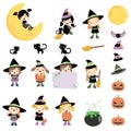 Cute Witches Halloween Design Elements Set Vector Illustration Isolated on White