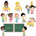 School Children Doing Math Problems Design Elements Flat Vector Illustration Isolated on White