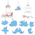 Cute Little Blue Parrots Love Birds Set with Vintage Cages and Flowers Valentines Day Wedding Design Elements Flat Color Vector Royalty Free Stock Photo