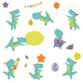 Cute Little Funny Colorful Cartoon T Rex Dinosaur Birthday Party Set Flat Color Vector Illustration Isolated on White Royalty Free Stock Photo