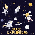 Animal Space Explorers in Space on Dark Background Dog Cat and Rabbit Astronauts Vector Illustration Design Elements Set