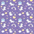 Cute Little Baby Unicorns on Purple Background Seamless Pattern Flat Vector Illustration