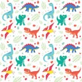 Cute Colorful Baby Dinosaurs on White Background Seamless Pattern Flat Vector Illustration Royalty Free Stock Photo