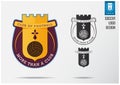 Soccer logo or Football Badge template design for football team. Sport emblem design of golden Fortress on Claret shield.