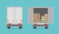 Open delivery truck with cardboard boxes and closed truck. Isolated on blue background.