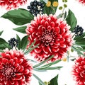 Floral seamless autumn pattern with hand drawn red dahlias flowers,berries and herbs. Royalty Free Stock Photo