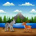 Wild animals cartoon enjoying nature in the riverbank