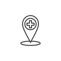 Modern medical line icon of GEO position. Outline clinic logo for polyclinics.