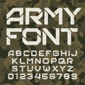 Army alphabet typeface. Scratched messy letters and numbers on camo background.