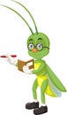 Funny Green Grasshopper With Book And Pen Cartoon