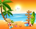 Summer holidays beach background with wooden arrow, surfboard, beach ball and lifebuoy