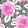 Seamless roses on stripes backgorund. Abstract leaves. Vector pattern. Royalty Free Stock Photo