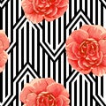 Seamless roses on stripes backgorund. Abstract leaves. Vector pattern. Royalty Free Stock Photo