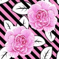 Seamless roses on stripes backgorund. Abstract leaves. Vector pattern. Royalty Free Stock Photo
