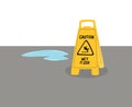 Warning signs beware of slippery floors placed on the floor with water. Royalty Free Stock Photo