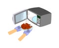 Microwave with open door. Wear gloves to remove the chicken from the microwave.