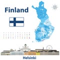 Vector illustration of Finland regions map with names and capital cities on it. Helsinki cityscape