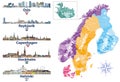 Scandinavian countries map with capital cities skylines icons. Vector illustration