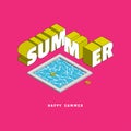Wording Summer with typography text in isometric style. Besides by swimming pool and life ring. Used for Poster, card, banner and