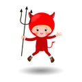 Happy Halloween. Cute little Red Devil Demon, children in Halloween costume isolated on white background. Kid Costume Party Vector Royalty Free Stock Photo