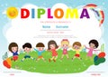 Certificate kids diploma, kindergarten template layout space background frame design vector. Preschool Kids Diploma, Certificate