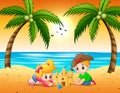 Little boy and girl cartoon making sandcastle at the beach Royalty Free Stock Photo