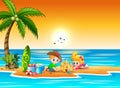 Cute boy and girl cartoon making sandcastle at the beach Royalty Free Stock Photo