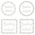 Set of 4 black and white isolated banners. Back to school. The inscriptions are surrounded by square and round frames of school su Royalty Free Stock Photo