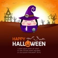 Happy halloween poster, Cute little witch and black cat in the moonlight, halloween banner, halloween trick or Treating background Royalty Free Stock Photo