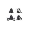 Bell ring and mute simple black vector icon set.