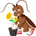 Funny Cockroach With Yellow Sunflower Cartoon