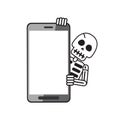 Cartoon vector character skeleton with smartphone