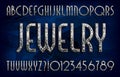 Jewelry alphabet font. Art deco golden letters and numbers with diamond gemstone.